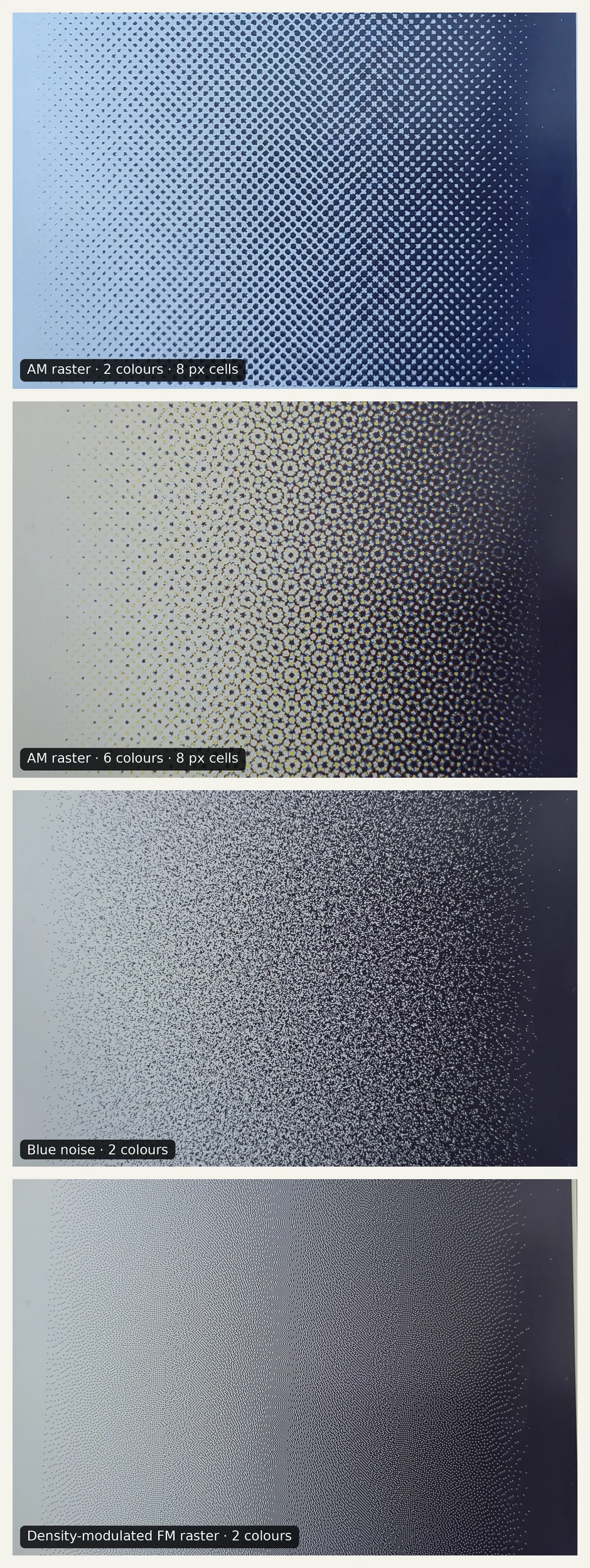 Aligned black-to-white gradient showing AM raster, blue noise, and density-modulated FM styles