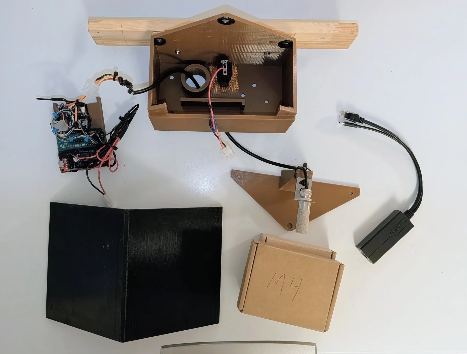 Open sensor house showing the printed enclosure and internal wiring