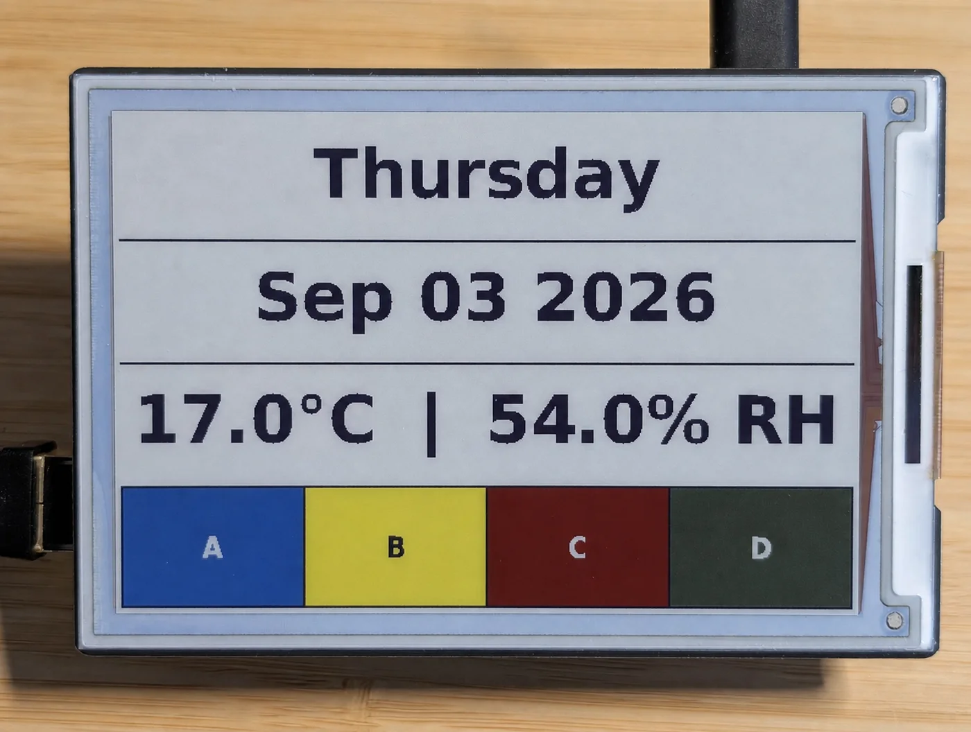 Dashboard rendered with text and solid Spectra 6 palette colours