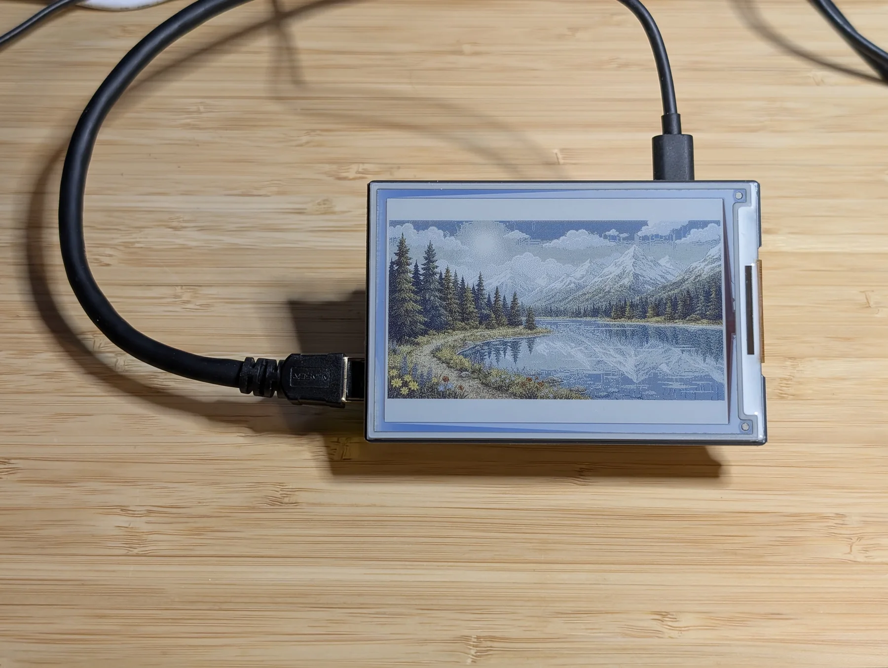 A landscape photograph displayed with six-colour serpentine Floyd-Steinberg, seen at a normal viewing distance